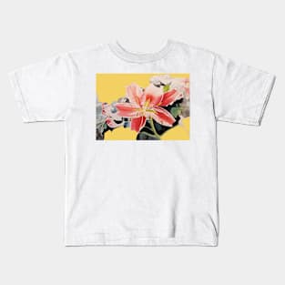 Red Lily Watercolor Painting on Yellow Kids T-Shirt